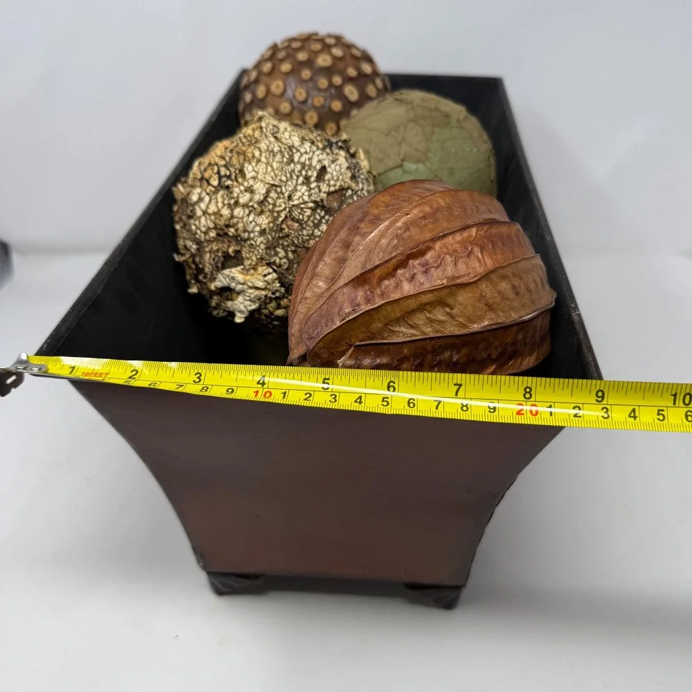 Metal Planter Box with Gold Leaf Motif and 7 Decorative Orbs 16in Autumn Decor